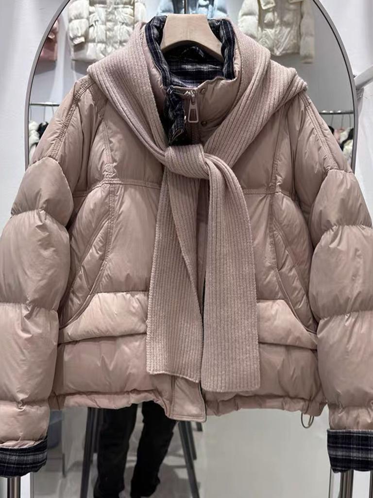 Premium stand-up collar short down jacket women's winter retro plaid splicing thickened knitted hat bread jacket