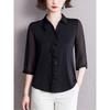 Black Satin Shirt for Women 2025 New Fashion Quarter Sleeve Shirt Chiffon Top