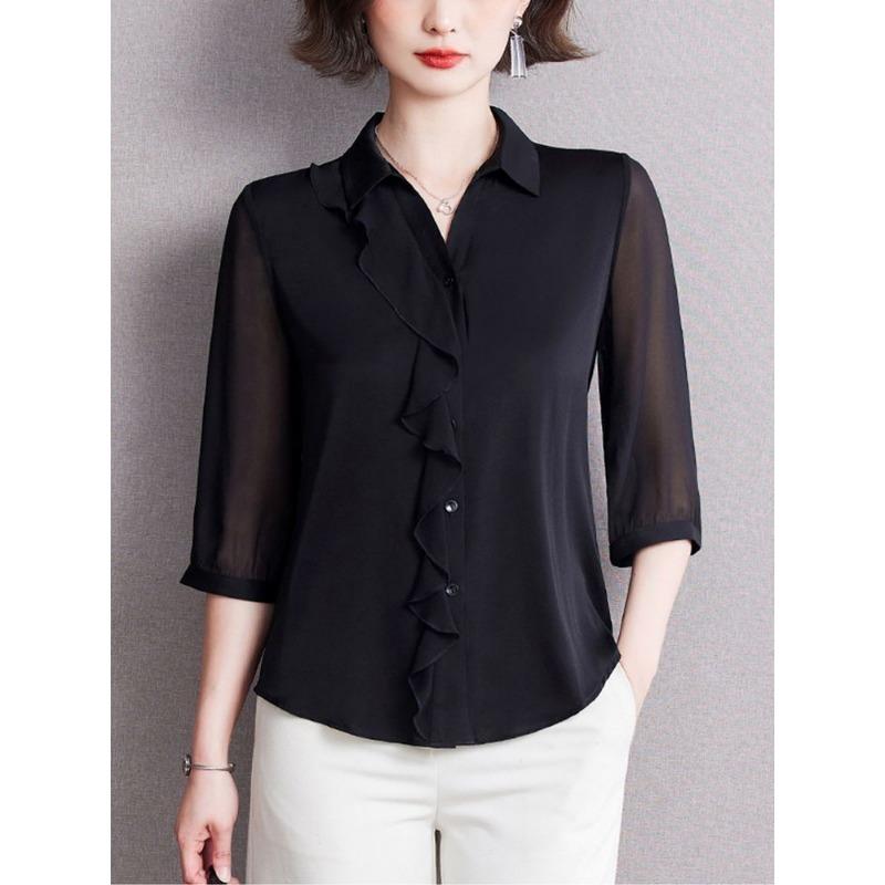 Black Satin Shirt for Women 2025 New Fashion Quarter Sleeve Shirt Chiffon Top