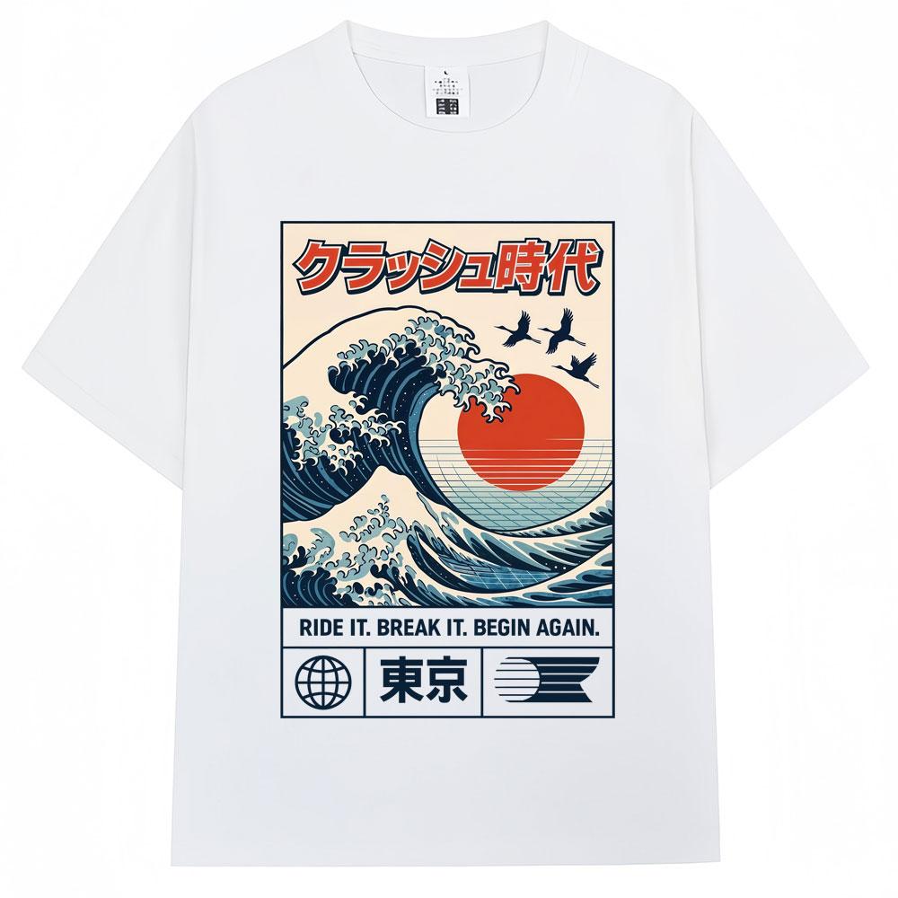 

Japanese Style Hokkaido Wave Tokyo Graphic Tshirt Men Women Harajuku Fashion Vintage High Quality T Shirts Loose Cotton T Shirt 3XL