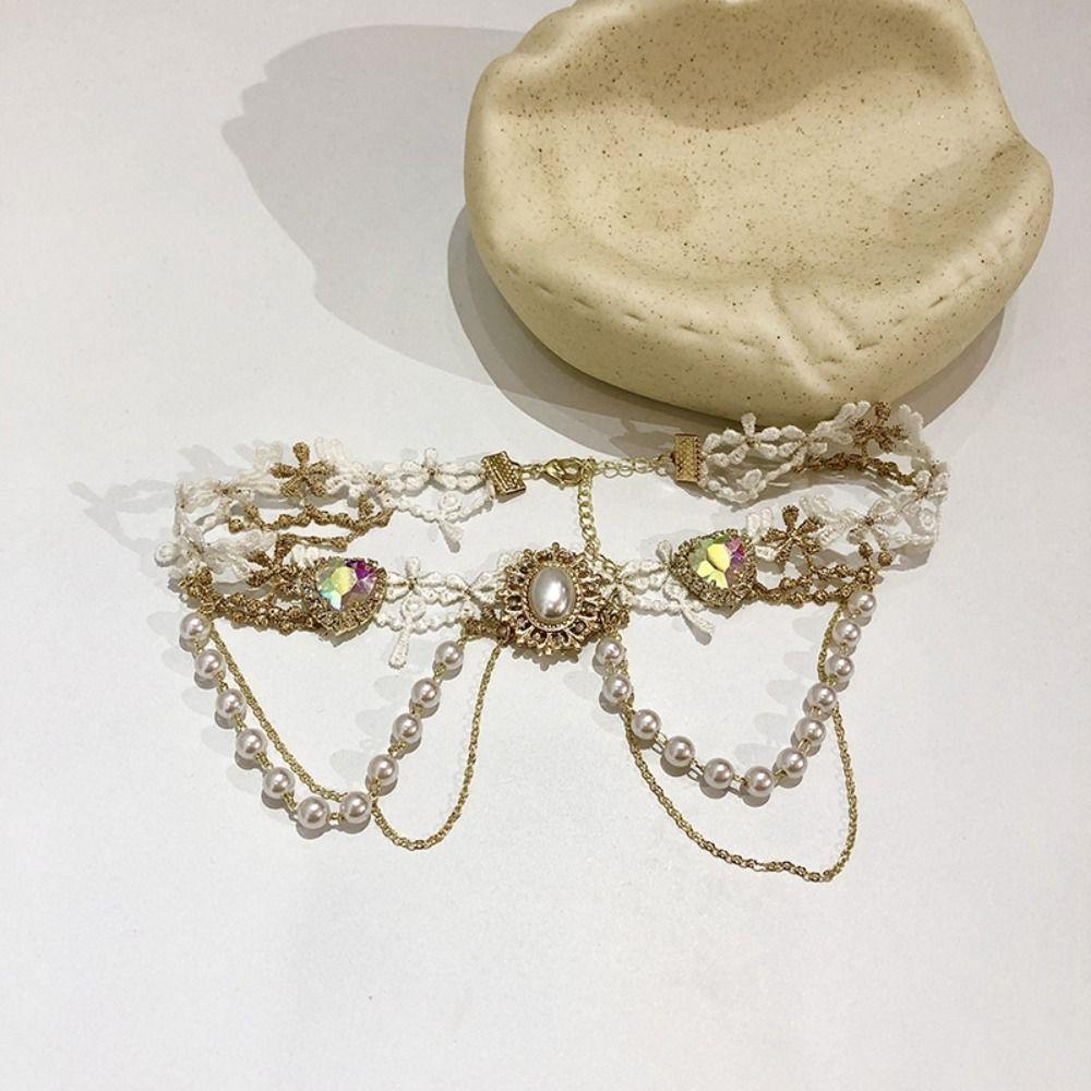 Exquisite Lace Pearl Choker Shiny Lolita Choker Necklace Fashion Rhinestone Tassel Necklace  Women