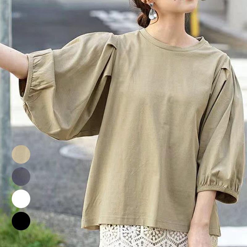 Early Autumn Japanese Womens Classic One Tone Simple Vintage Style Versatile Leisure Comfortable Fit Sleeves T-sleeves for Women
