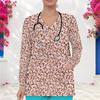 Women Plus Size Long Sleeve Nurse Scrub Top Watercolor Floral Print V Neck With Pockets Casual Medical Workwear For Healthcare Staff