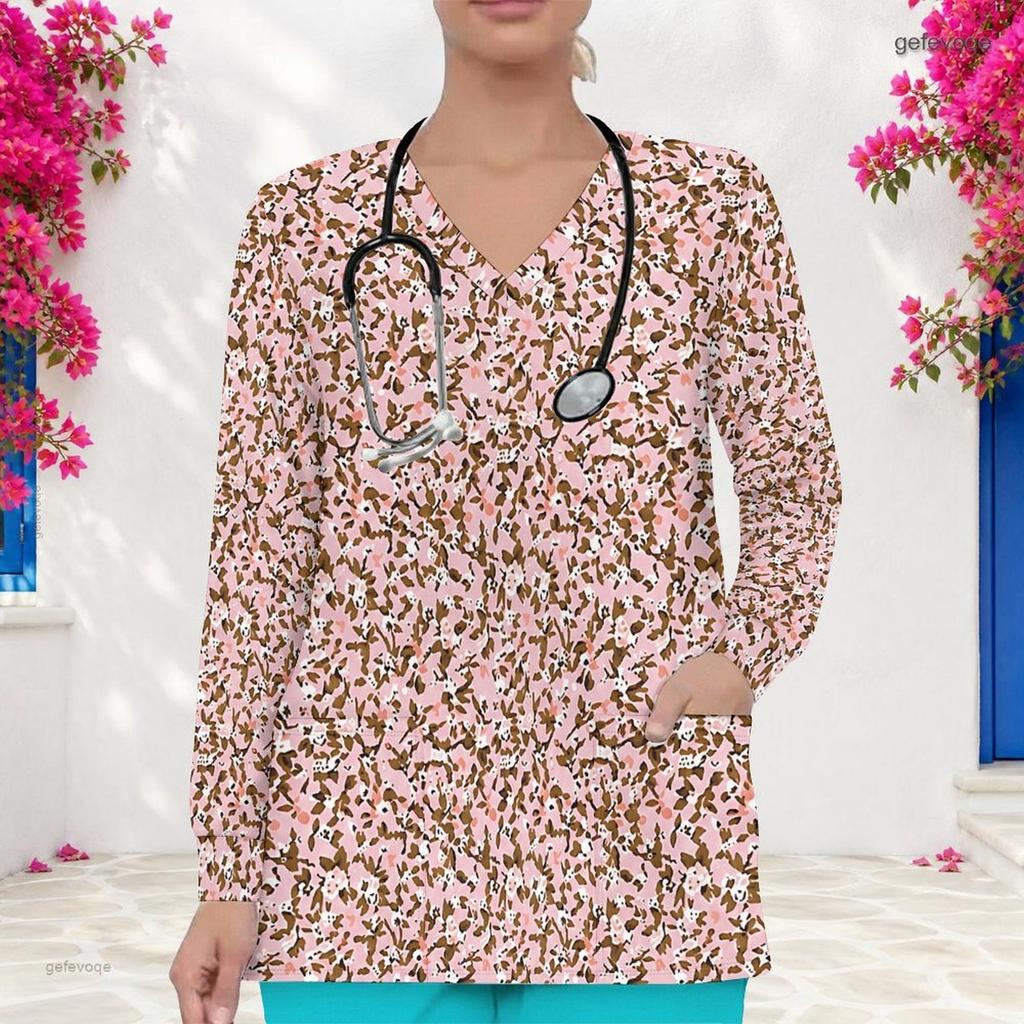 Women Plus Size Long Sleeve Nurse Scrub Top Watercolor Floral Print V Neck With Pockets Casual Medical Workwear For Healthcare Staff