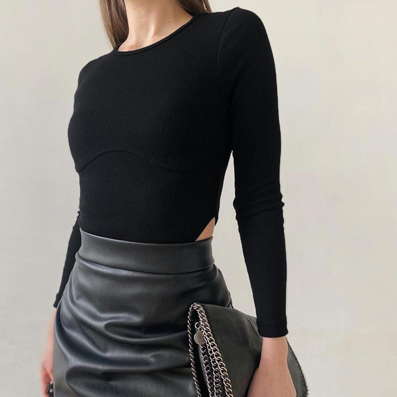 

Осенний приталенный женский комбинезон с длинным рукавом и вырезами L чёрный