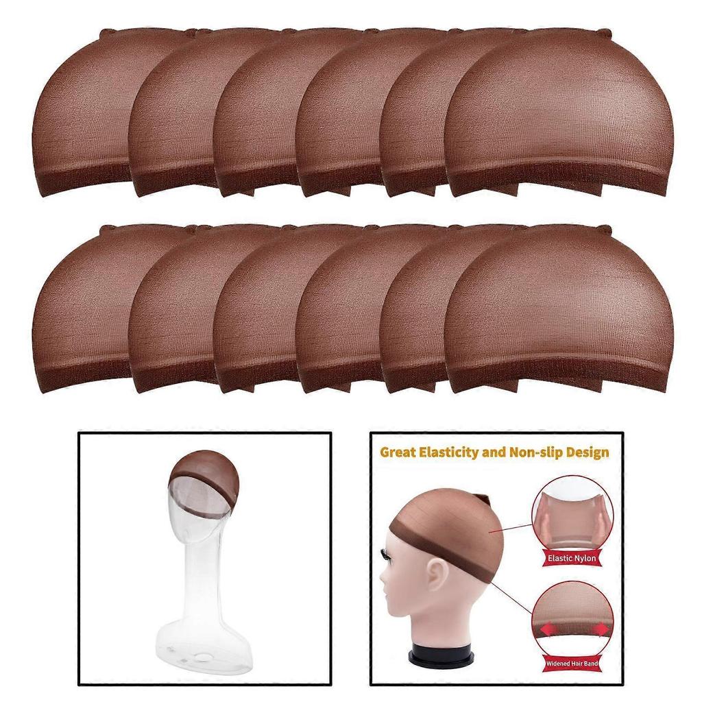 12 Pcs Coffee Color Nylon Wig Hair Cap Stocking Liner Stretch for Men Women