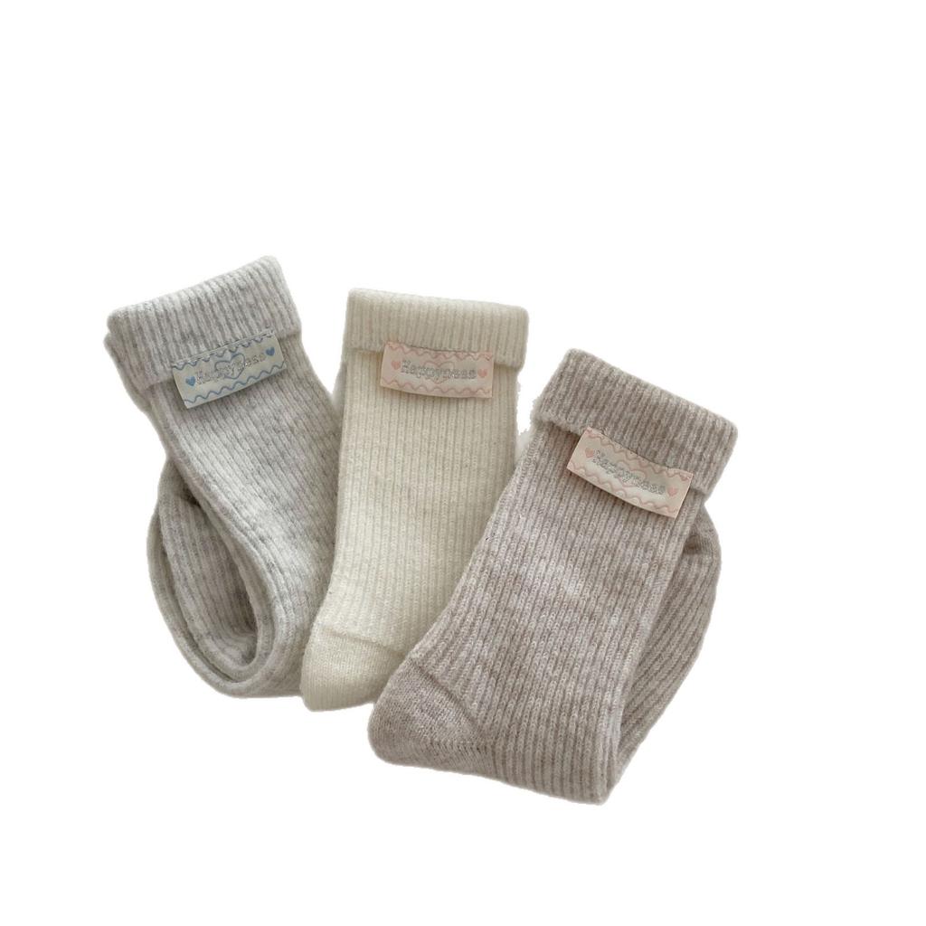 Thickened Cuffed Confinement Socks Korean Dot Yarn Variegated Wool Cloth Label Medium Socks Simple Warm Pile Socks