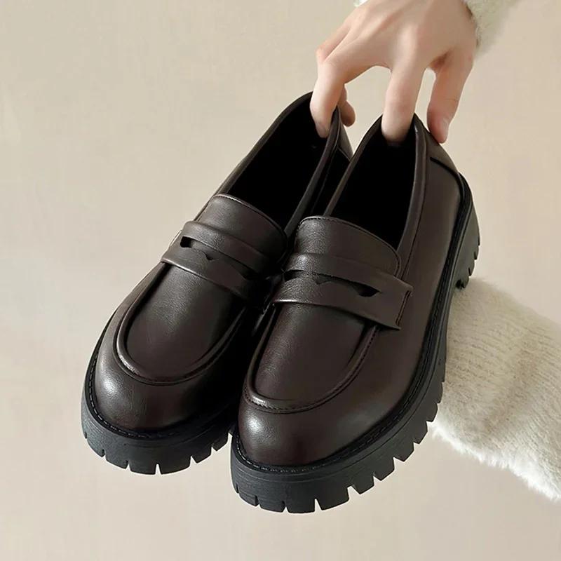 Lucyever Black Pu Leather Platform Loafers for Women Preppy Style Slip On Student Shoes Woman Thick Bottom Single Shoes Size 43
