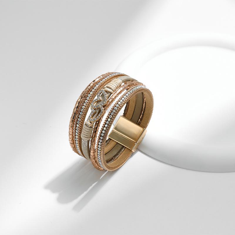 Bohem Kalp Aksesuarları Çok Katmanlı Deri Kadın Bilekliği Klasik Mıknatıslı Tokalı Bilezik