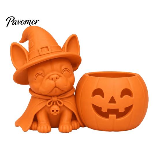 Festive Home Decorations Halloween French Bulldog Witch Statue, 3D Printed Pumpkin Candle Holder, Party Table Decor Cute Dog Figurine Tabletop