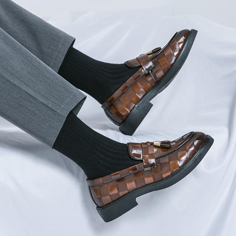 Fashion Fashion Business Chequer Loafers Men's Slip-On Brown Office Moccasins Male Dress Shoes Career Black Leather Shoes Plus Size38-47
