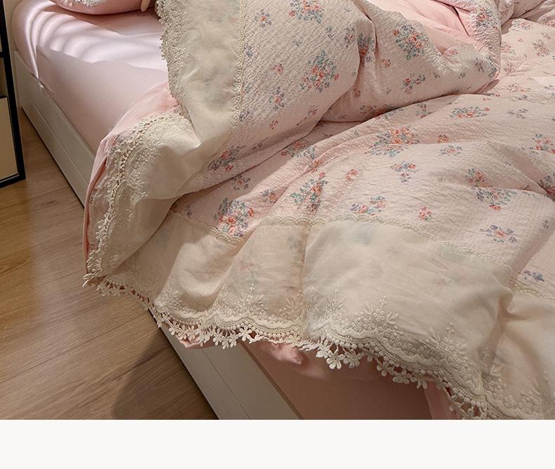 French-Inspired Floral Cotton Puff Lace Trim Bedding Set, 4-Piece Sheet and 3-Piece Duvet Cover