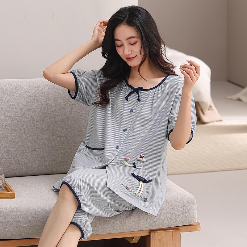 Pajamas Women's Summer Pure Cotton Short-sleeved Seven-quarter-sleeved Middle-aged Mother Floral Nine-point Pants Summer Cotton Loungewear Set