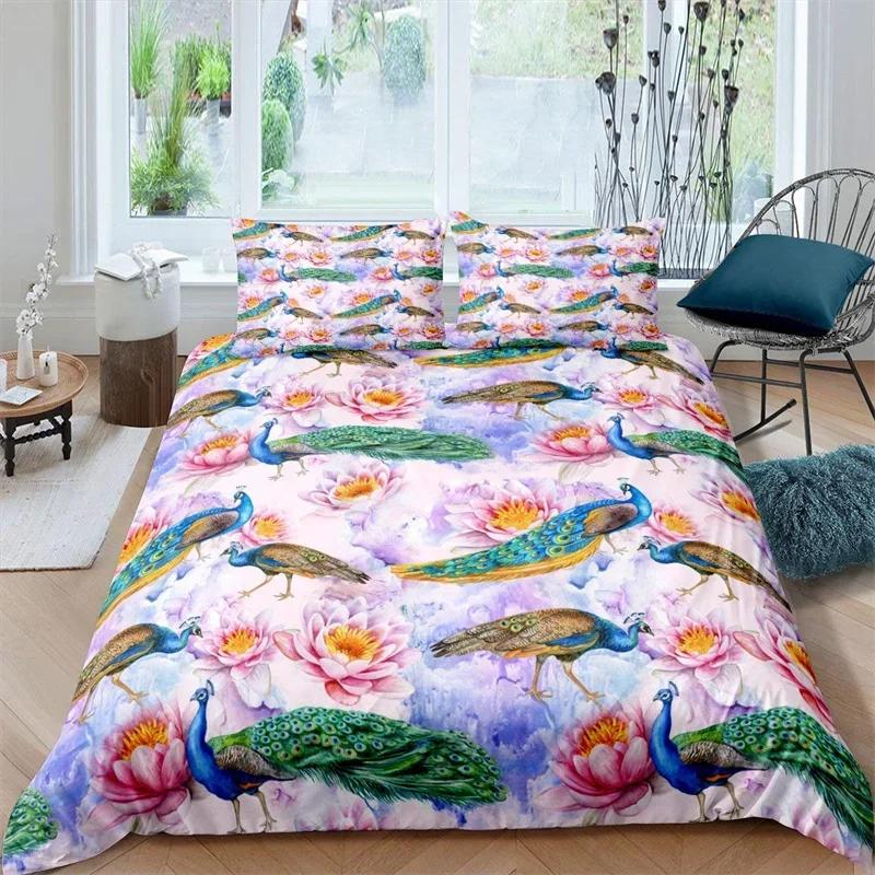 Peacock Duvet Cover Exotic Birds Animals Quilt Cover Polyester Feather Butterfly Flowers Bedding Set 2/3Pcs King For Girls Teens