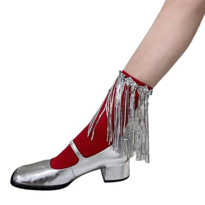 Womens Harajuku Sequins Tassels Decorative Trim Calf Sock 90s Solid Rib Middle Tube Sock Nightclub Party Stockings