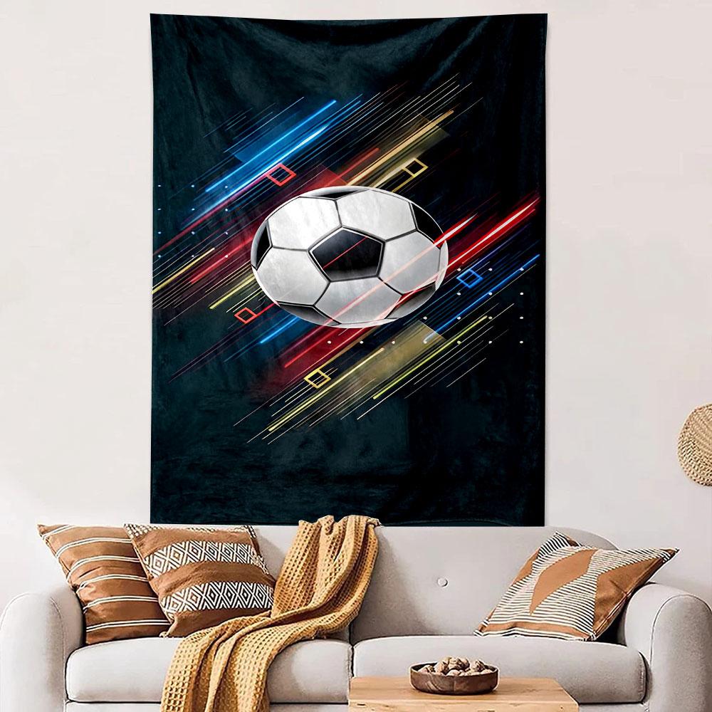 Soccer Ball with Neon Abstract Lines Patterned tapestry home decor, suitable for bedroom and living room, gift
