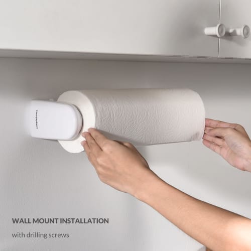 Simpletome Paper Towel Holder, Under Cabinet or Wall Mounted, One-Hand Operation, Tension Arm, Kitchen Paper Holder (White, Fits 24-28cm Rolls)