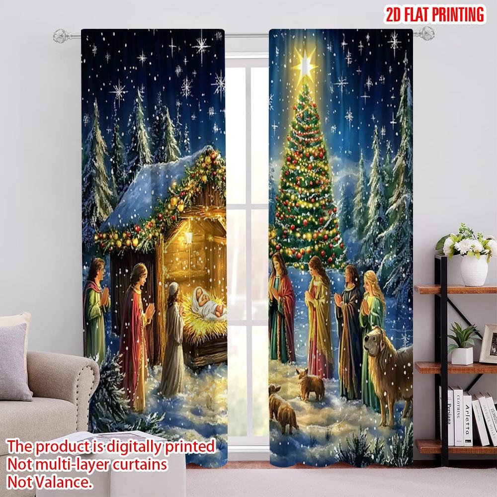 

Set Of 2 Flat Printing Merry Christmas Popular Curtain Trees Night Sky Polyester Without Electricity Festive Machine Washable W100*H70(CM)-Hooks&1PCS