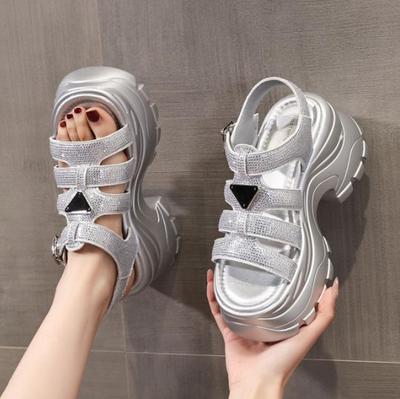 Hoge kwaliteit 8CM Synthetisch Microvezel Leer Dames Sandalen Platte Schoenen Dikke Sneakers Holle Bling Gevulkaniseerd Platform Sleehak Schoenen