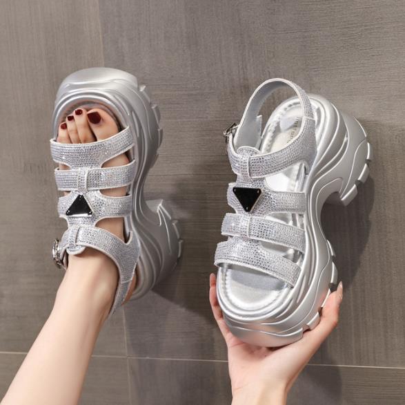 Fashion High quality 8CM Synthetic Microfiber Leather Women Sandals Flats Chunky Sneakers Hollow Bling Vulcanize Platform Wedge Shoes