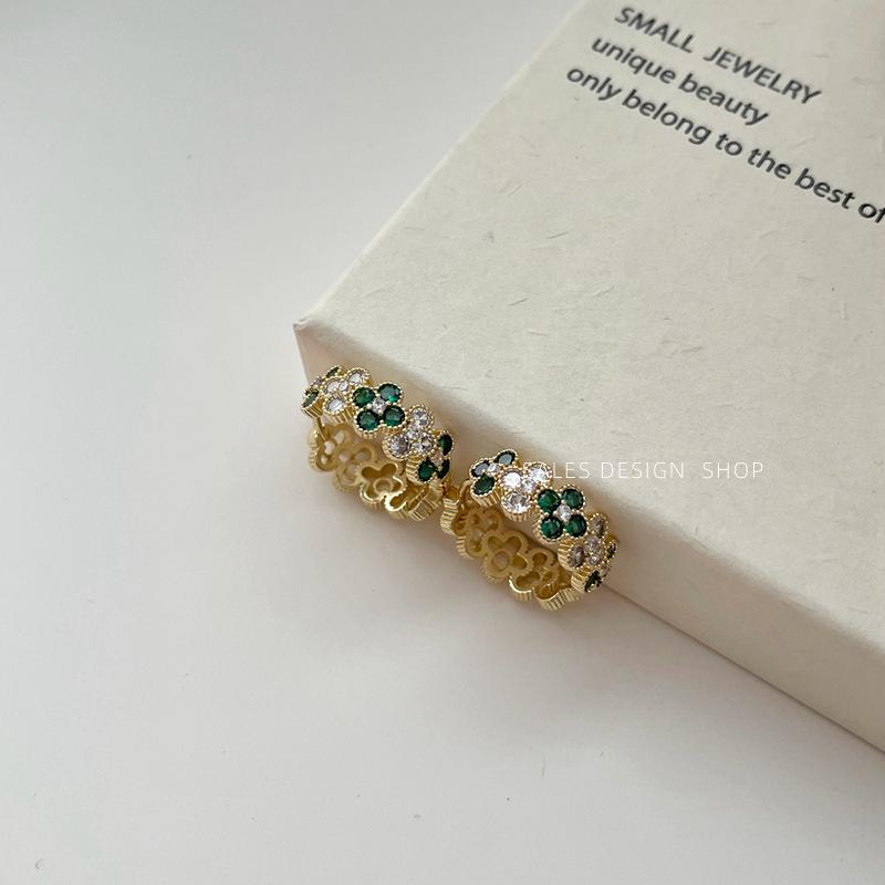 French Retro Emerald Zircon Gold-Plated Copper Earrings - Stylish, Luxurious, Versatile Hoops