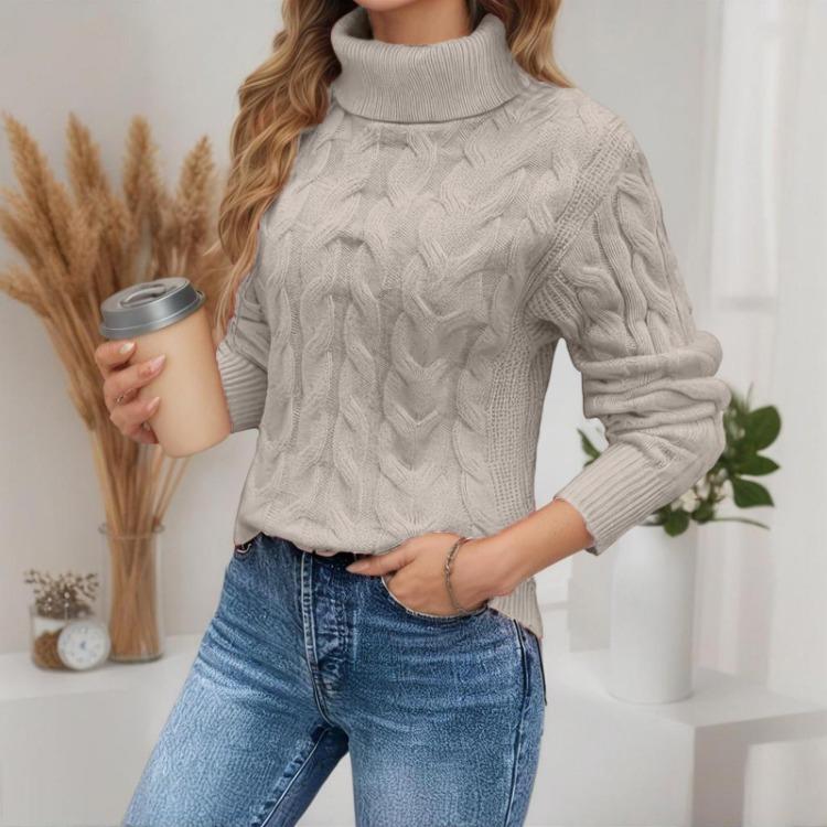 Warm Oversized Cable Knit Sweater Women Turtleneck Pullover Solid Color Thick Slim Fit Long Sleeve