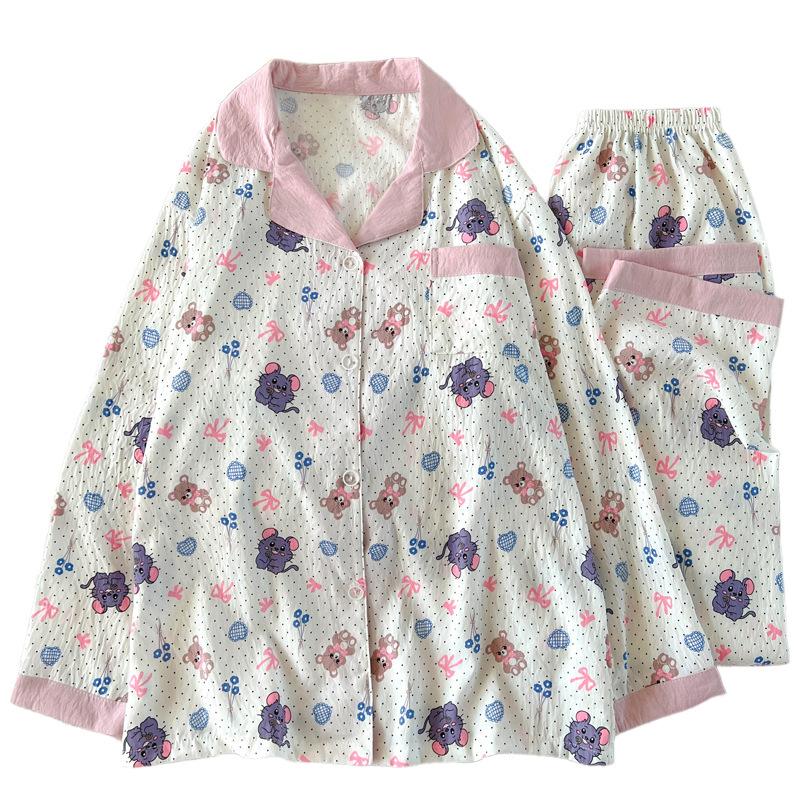 Cute Cartoon Cloud Cotton Long-Sleeved Trousers Thin Pajamas Women'S Loungewear Set