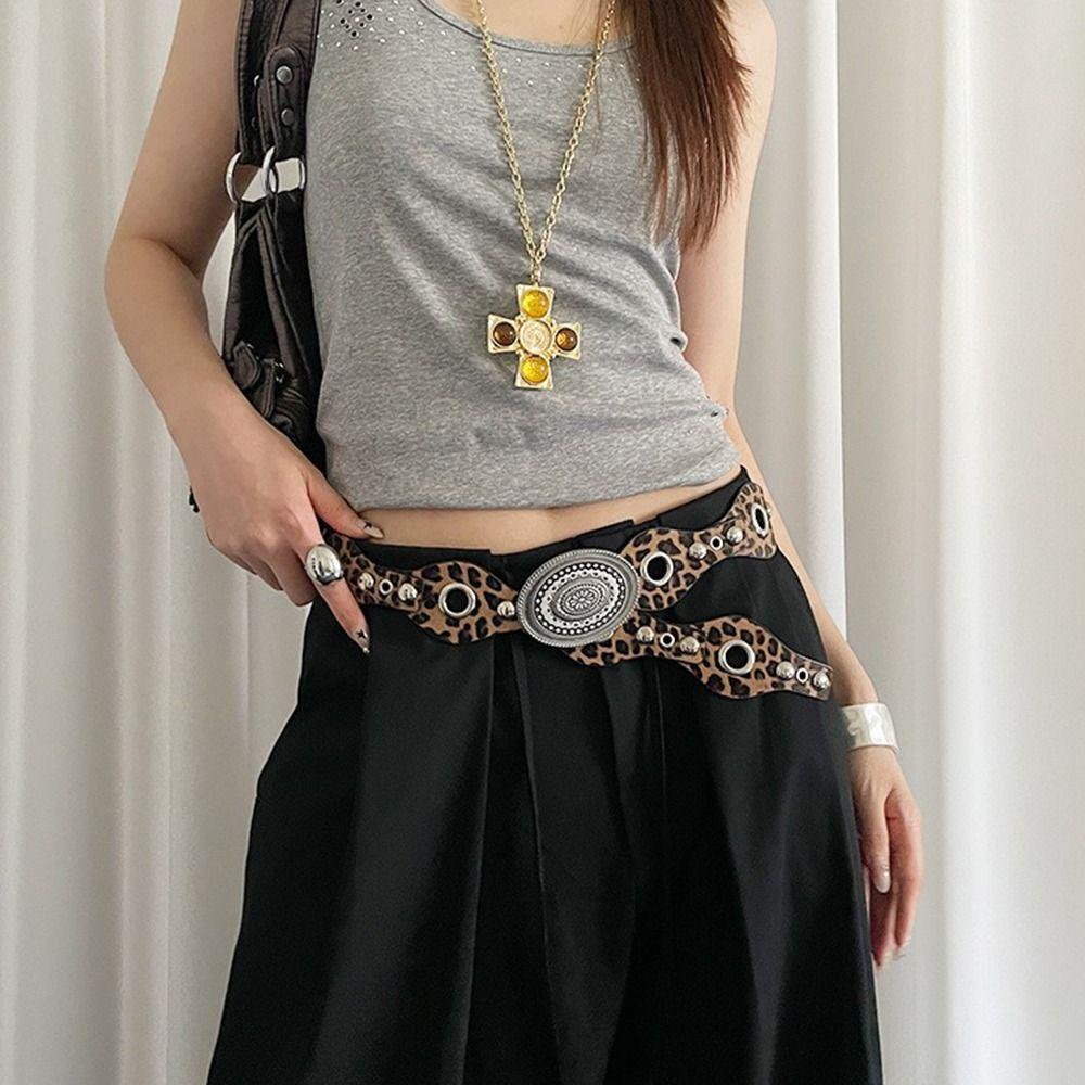 Leopard Women's Rivet Belt Vintage Dress Jeans Belt Leather Waistband  Waist Accessories