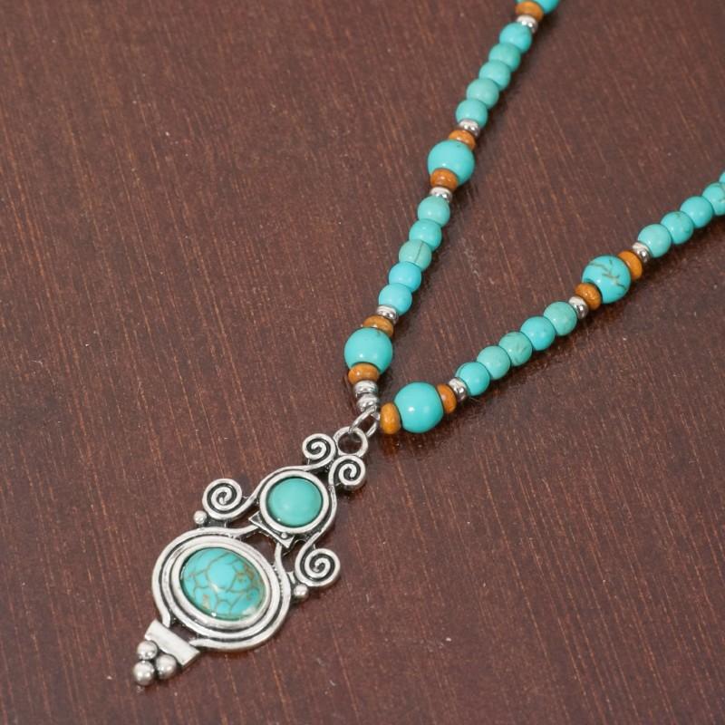 BLINGBAY Kadın Boncuklu Kolye Retro Etnik Stil Turkuaz Kişilik Yaratıcı Boğa Başı Şekli Kolye Ucu El Yapımı Boncuklu Kolye Kız Hediyesi