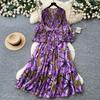 Holiday style purple flower print dress women's spring long-sleeved high-waisted A-shaped skirt waist lotus leaf edge long dress