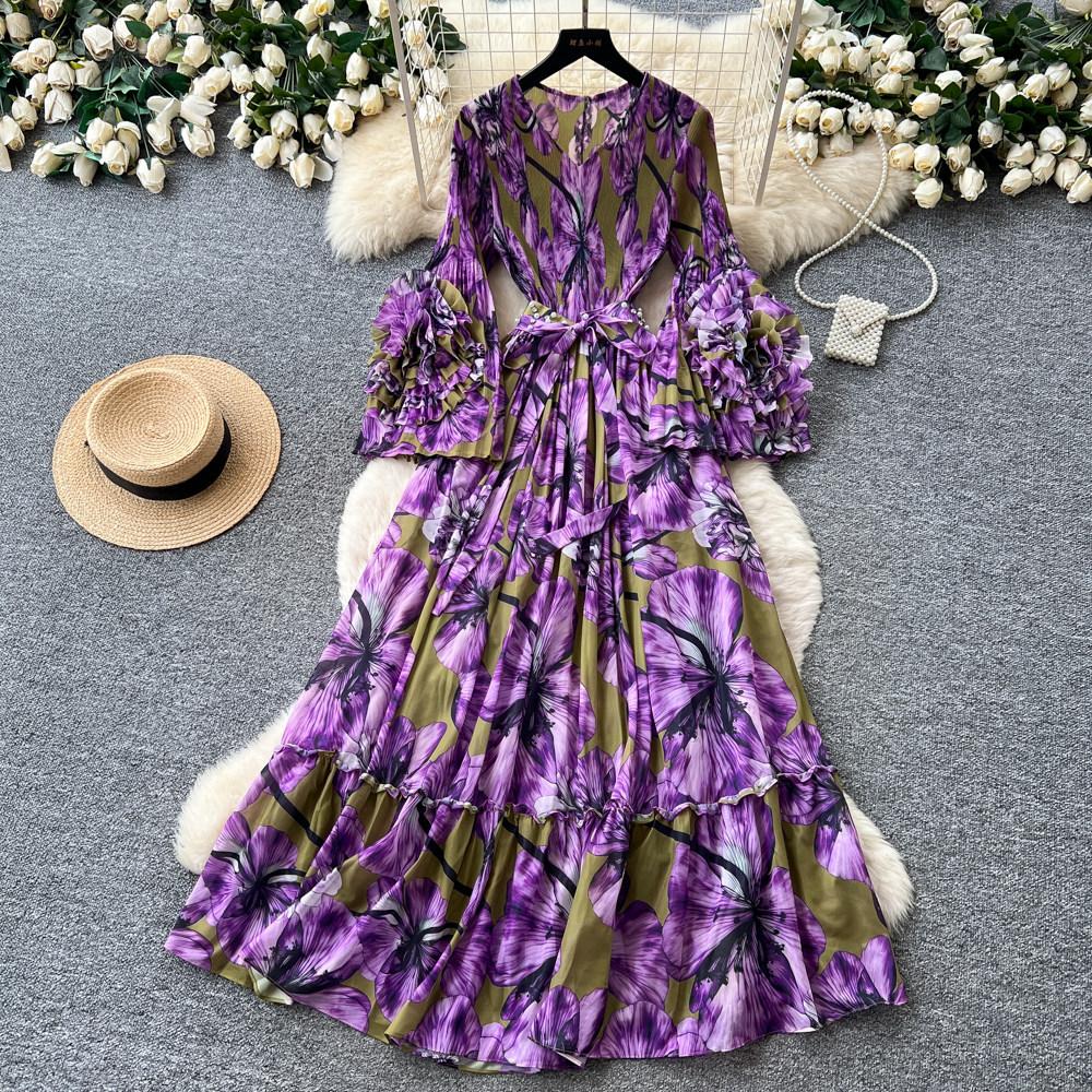 Holiday style purple flower print dress women's spring long-sleeved high-waisted A-shaped skirt waist lotus leaf edge long dress