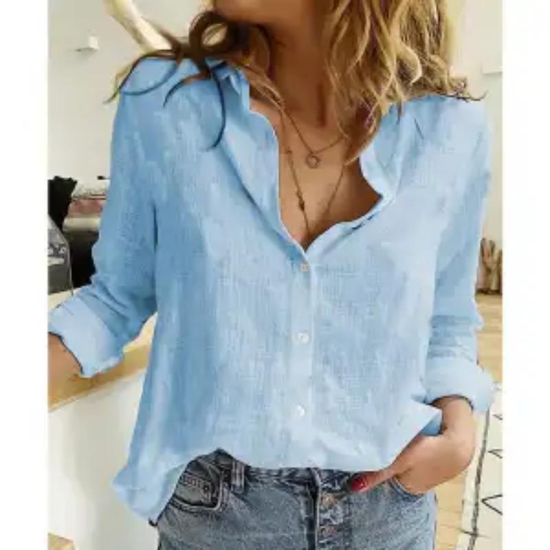 Spring and Autumn Solid Color New Hot Style Women's Casual Loose Long Sleeve Linen Shirt
