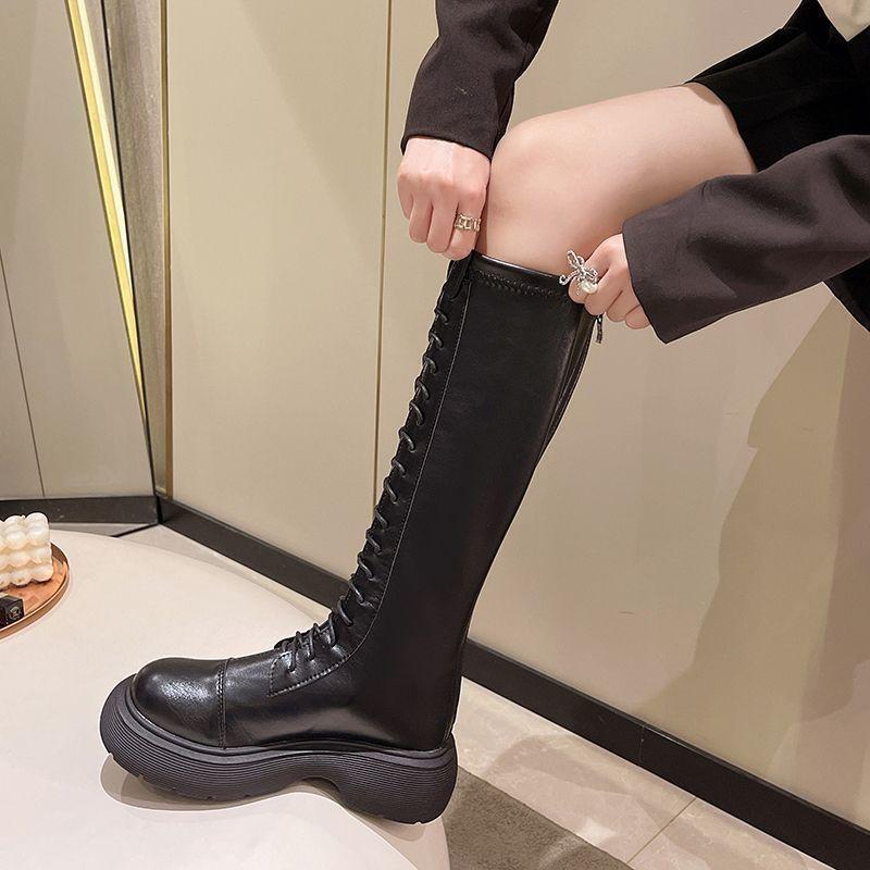 Schnürstiefel Damen Ritterstiefel Herbst und Winter 2025 Neue Stiefel mit dicker Sohle Schnür-Hochstiefel Martinstiefel Kinder