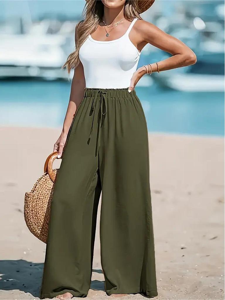 Women's Wide-Leg Solid Color Casual Polyester Pants