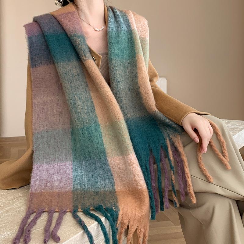 Winter New Scarf Women's Winter Thickened Warm Scarf Colored Plaid Fringed Scarf Shawl Fashionable Outer Cover