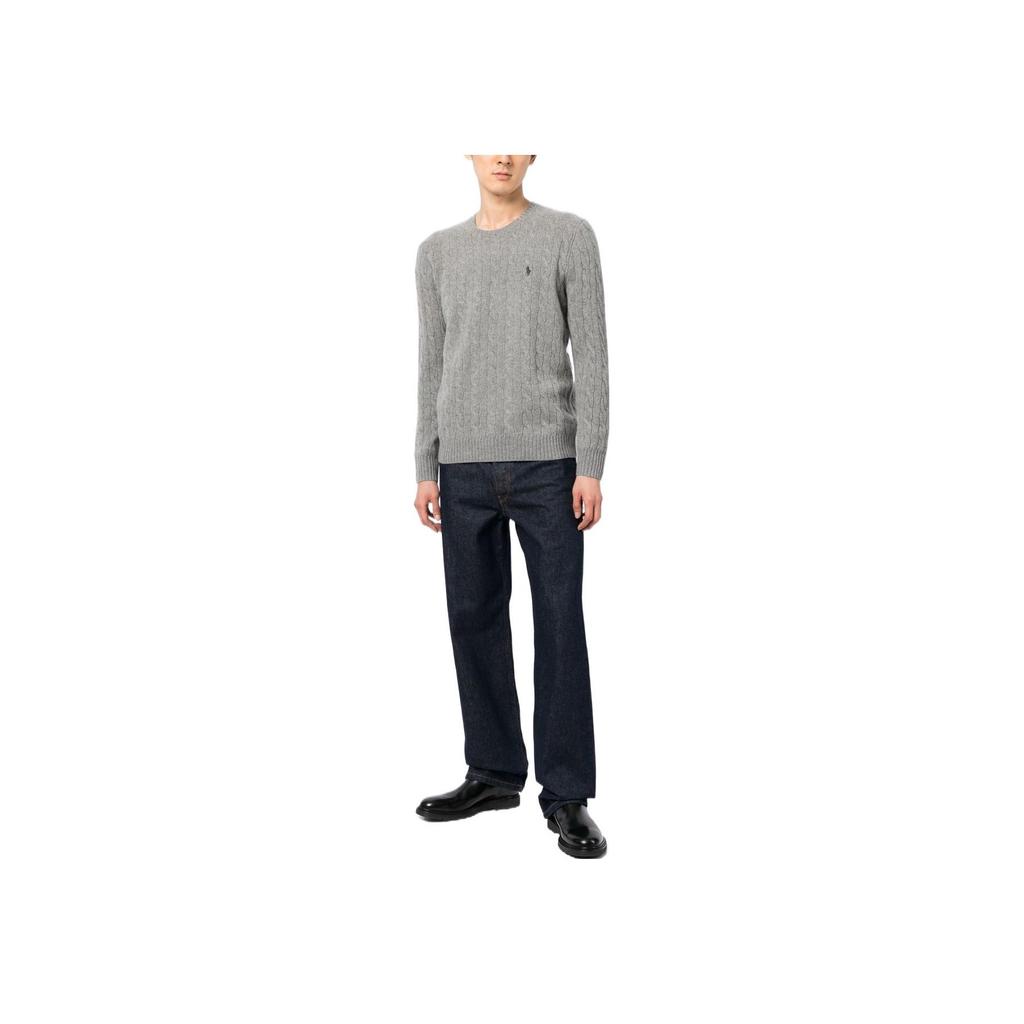 Polo Ralph Lauren SS23 Solid Color Logo Embroidered Cable Knit Cashmere Sweater Men Sweater Light-Gray 710876762-012