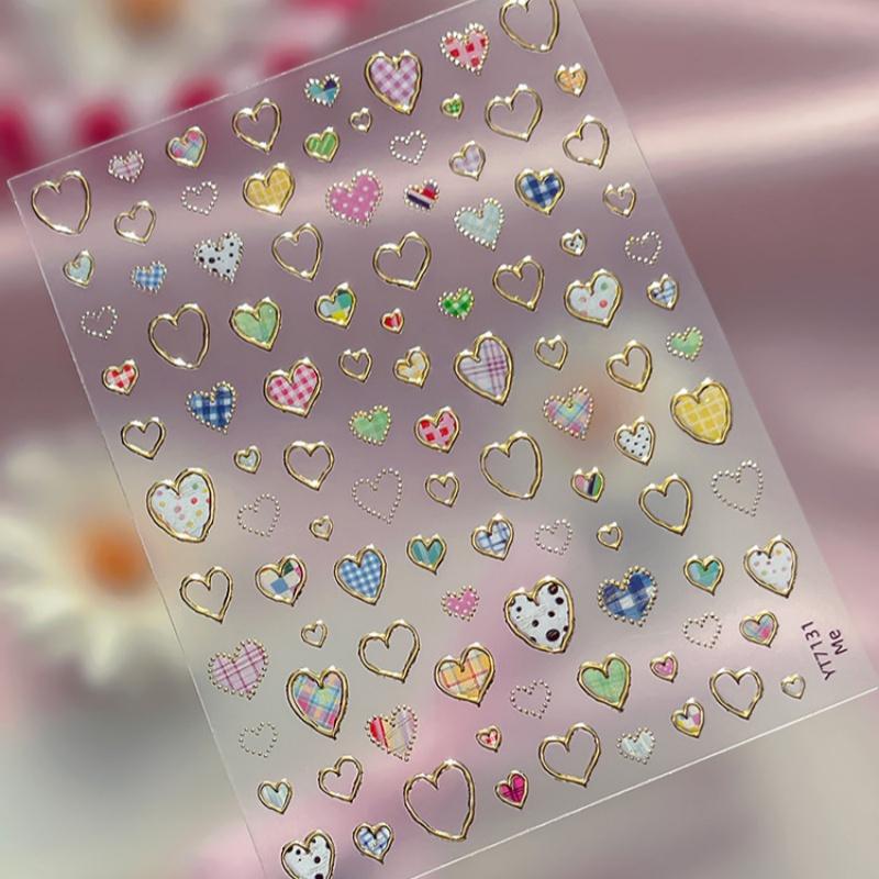 Y2K Style Heart Nail Decals | Plaid & Polka Dot Love Heart Stickers for Trendy Nails