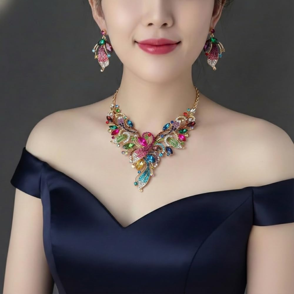 [KK Solis] Necklace and Earrings Set for Women, Luxurious Crystal, for Stage Performances, Concerts, Weddings, Recitals, Ballroom Dance Costumes,