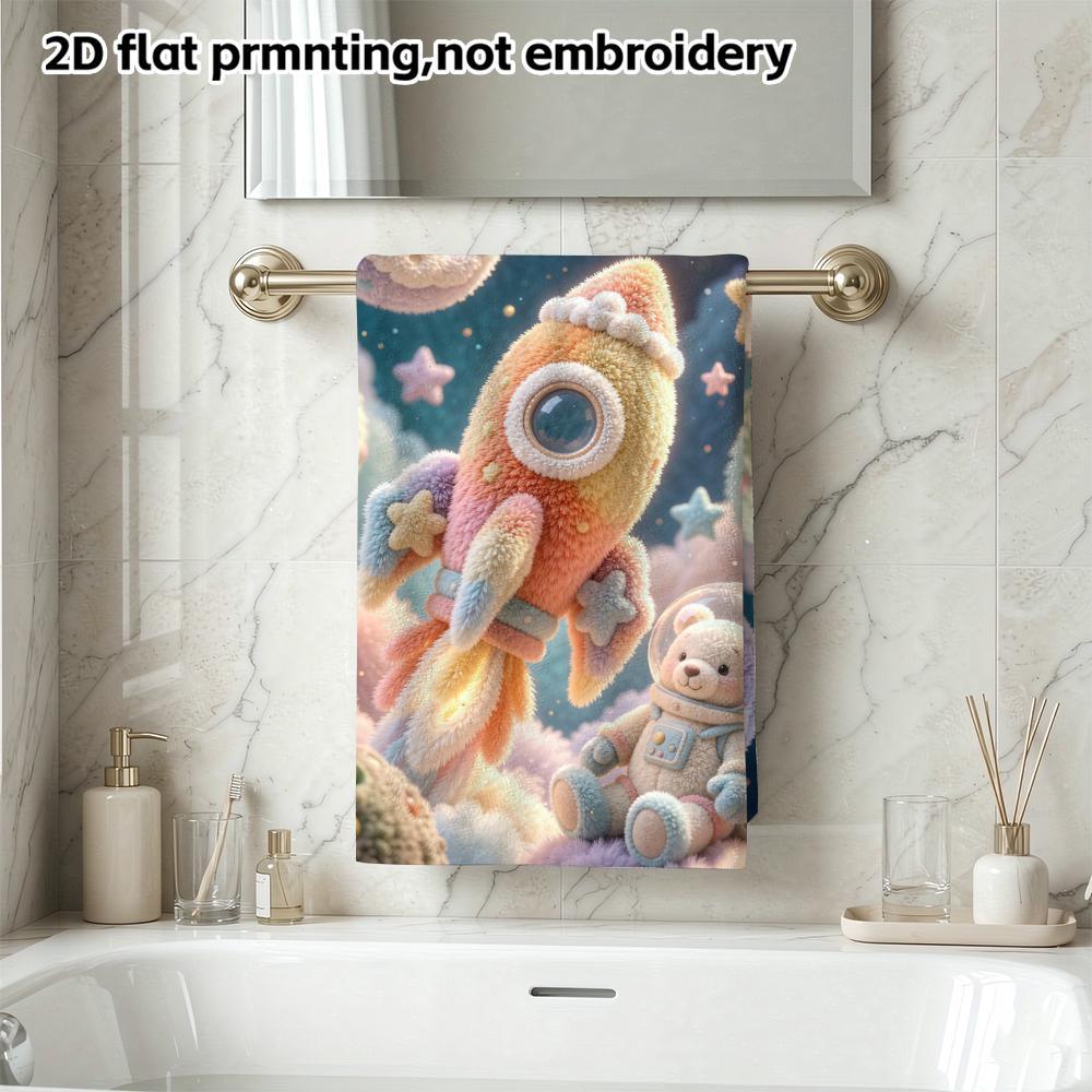 Felt Astronaut Bear Space Rocket Print Bath Towel, Super Soft Absorbent Kids Towel