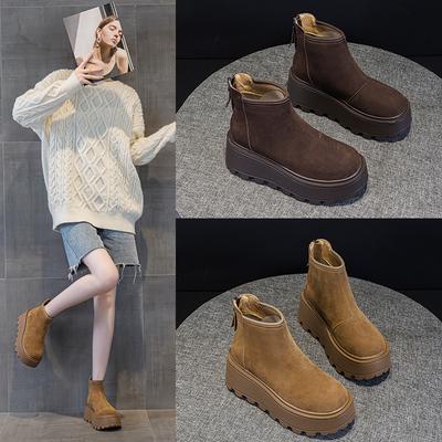 7cm Suede Cow Genuine Leather Snow Boots Women Ankle Booties Platform Wedge Winter Plush Chelsea Boots Shoes for Women
