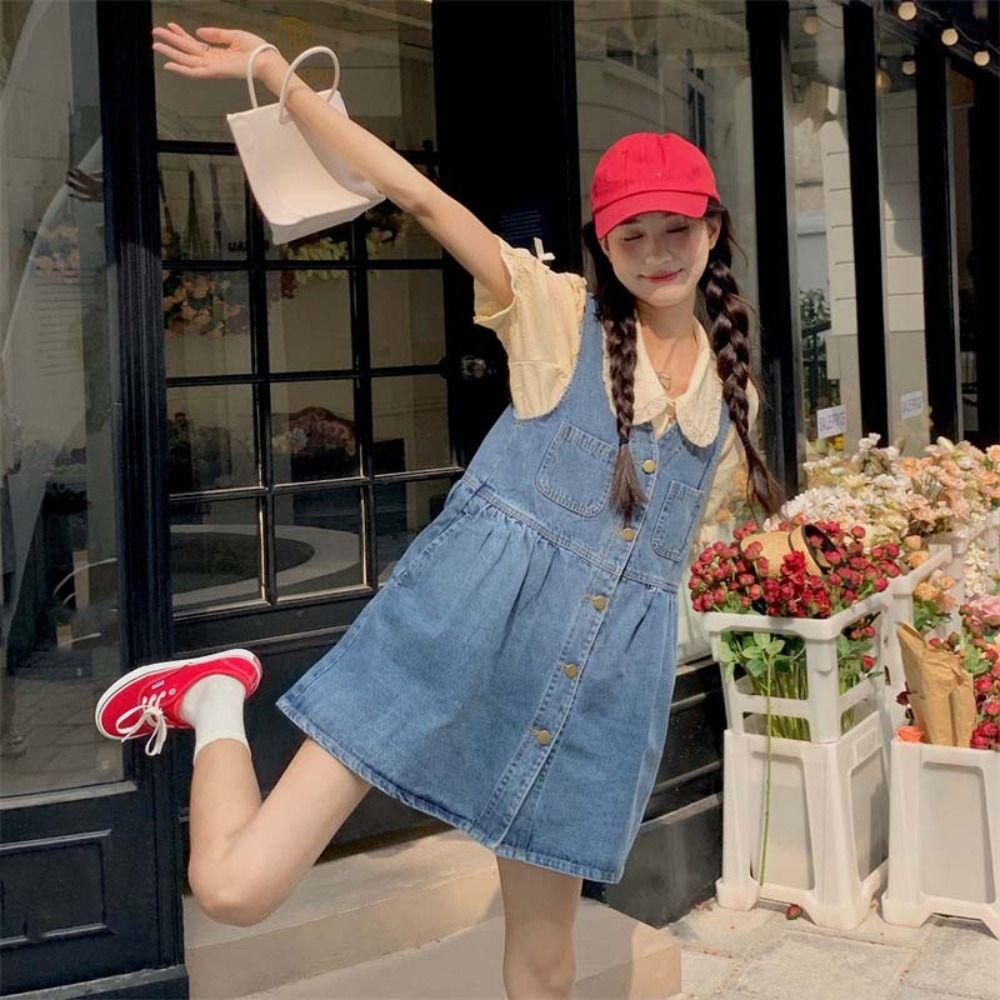 High Waisted Denim Camisole Dress Pleated Sleeveless Short Dress Elegant Cowboy Strap Dress  Summer