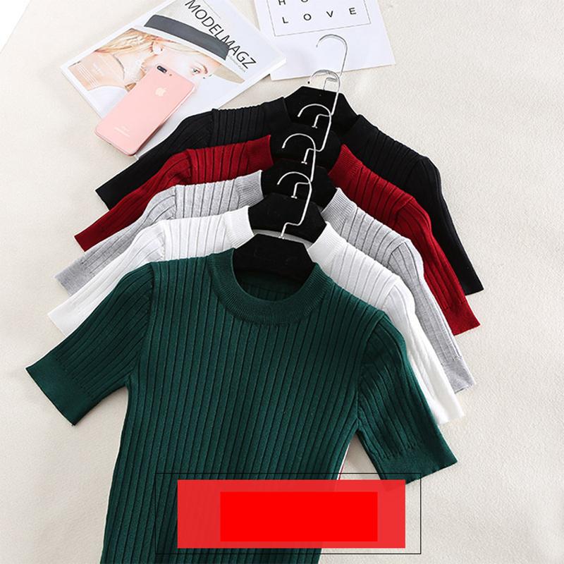 Women Casual Summer Ice Silk Knitted Thin Sweater Shirt Top O-neck Half Turtleneck Short Sleeve Bottoming Slim Outer Wear Solid Color