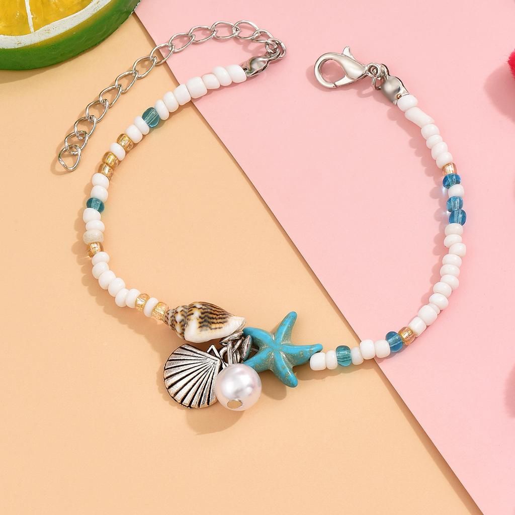 Fashion beach wind turtle starfish bracelet female bohemian beaded scallop pearl turquoise children's anklet