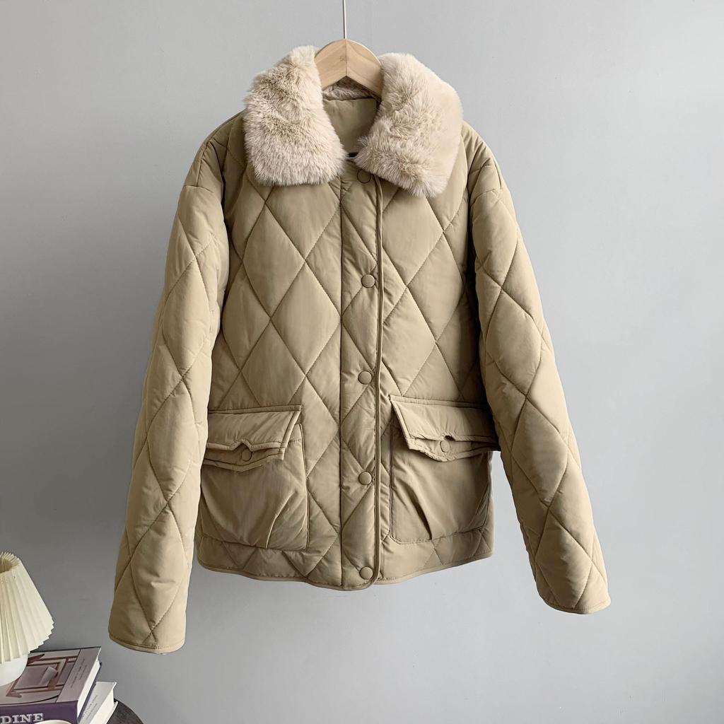 Dámské Zimní kožešinový límec Dlouhý rukáv Jednobarevné Vše odpovídající Teplý kabát Pro Dámskou Módu Zip Volná elegantní bunda