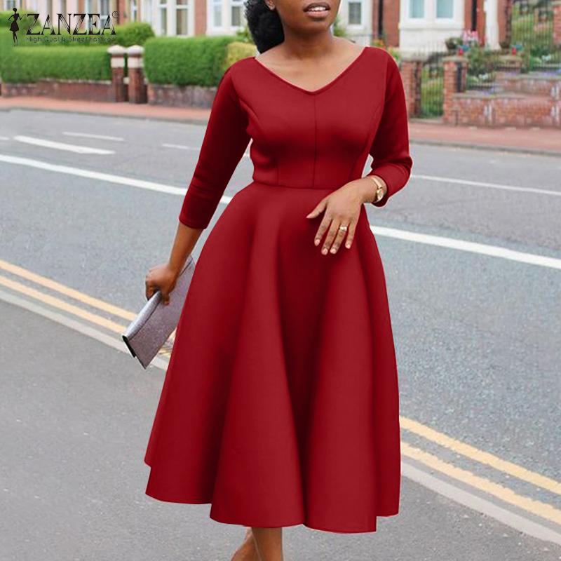 

ZANZEA повседневное женское платье с круглым вырезом и длинным рукавом с тонкой талией