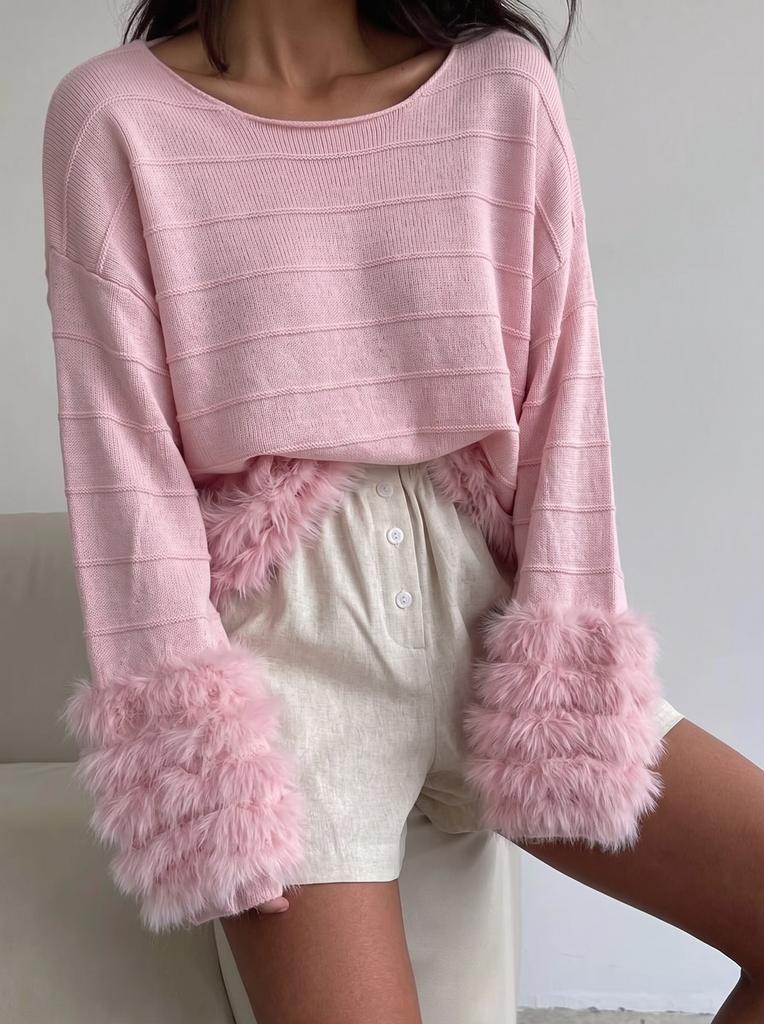 2026 autumn and winter new European and American ins romantic Su splicing crew neck sweater women's lazy wind striped knitted top