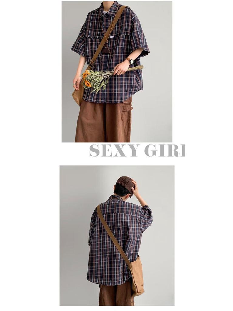 Men's Classic Japanese Retro Plaid Shirt - Short Sleeve, Loose Fit, Casual Summer Jacket.