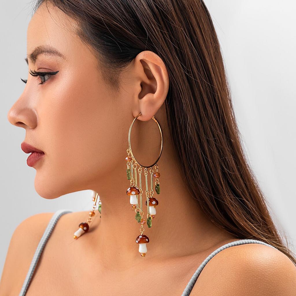 Boucles d'oreilles pendantes longues à pompon en cristal champignon coloré style bohème pour femmes, anneau d'oreille exagéré, tendance, cadeau, bijoux Y2K