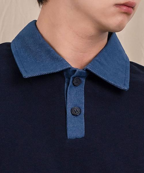 Ellamo French Terry Two-Button Denim Collar Oversized Sweatshirt [Navy]