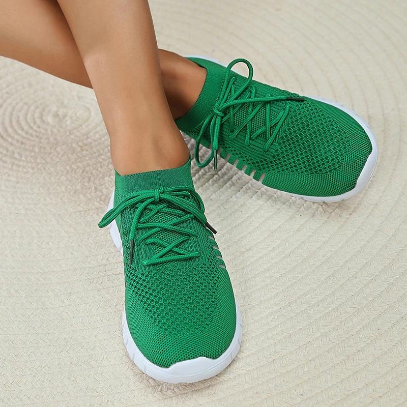 Fashion Green Soft Sole Knit Walking Shoes for Women 2025 Comfortable Breathable Mesh Sneakers Woman Plus Size Lightweight Casual Flats